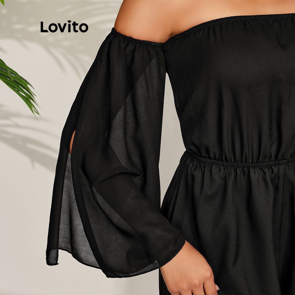 Áo liền quần Lovito trễ vai tay phồng ống rộng màu trơn phong cách lãng mạn L27LD158 (màu đen)