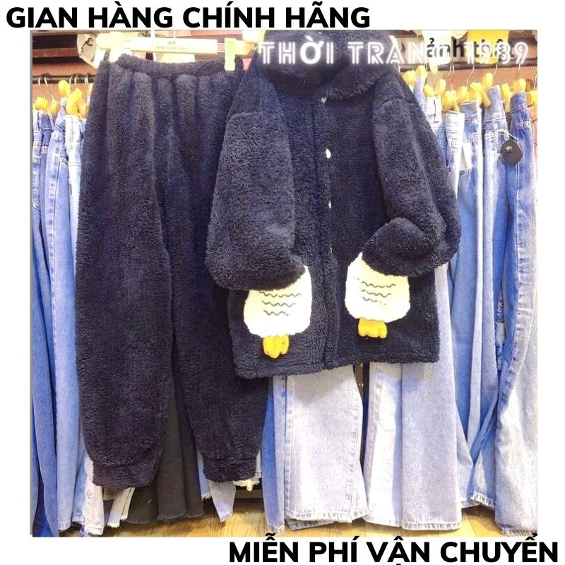 Bộ ngủ lông cừu nữ 🍀bộ lông khuy cài túi cà rốt hàng QC dày mềm mịn tay giữ nhiệt tốt ,bộ ngủ form rông hàn quốc TT1989 | BigBuy360 - bigbuy360.vn