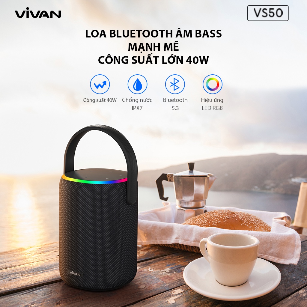 Loa Bluetooth 5.3 âm pass mạnh mẽ VIVAN VS50 Hi-Fi Công Suất 40W - Chống Nước IPX7