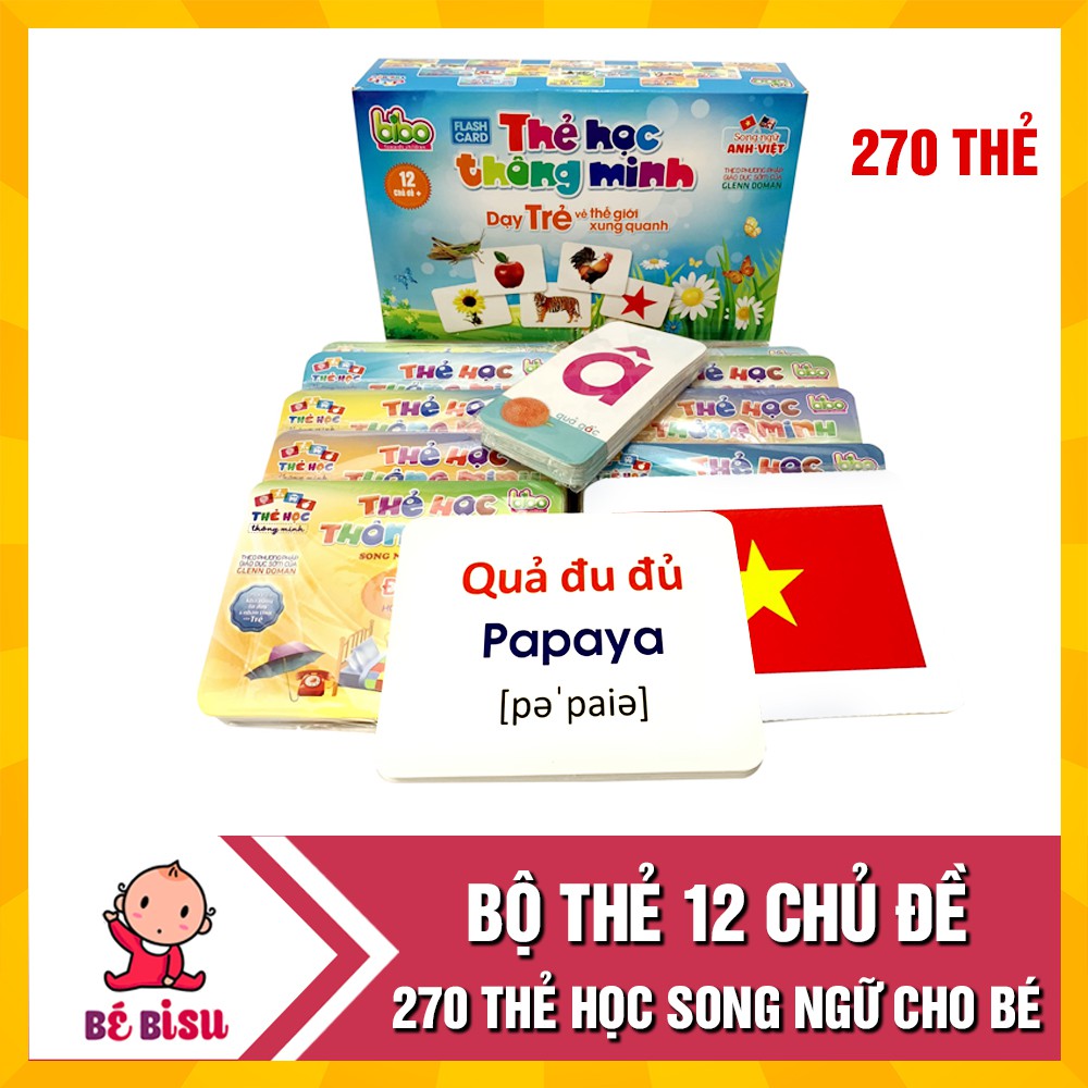 Bộ thẻ học thông minh 12 chủ đề cho bé loại to tặng kèm bộ chữ cái và số (270 thẻ)