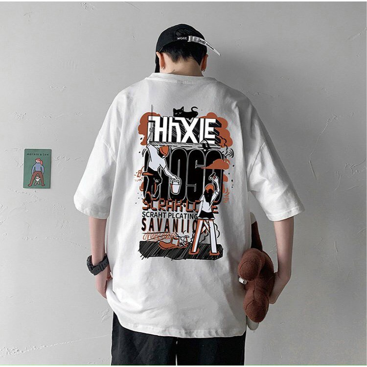 {Freesize} Áo phông tay lỡ Unisex nam nữ form rộng Cotton đẹp vải dày mịn in hình người xây nhà.