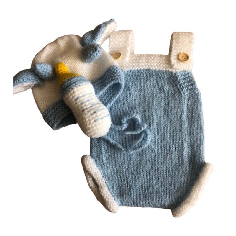 Bộ 3 Món Gồm Áo Liền Quần Dệt Kim Không Tay Cài Nút + Nón + Bình Sữa Ox Hoạt Hình Cho Trẻ Sơ Sinh