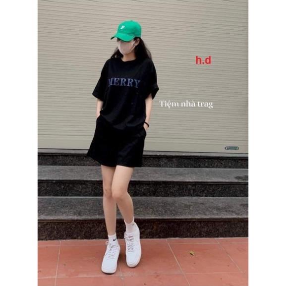 Bộ đồ nam nữ thể thao MEERY Á thun tay lỡ + quần đùi đen ống rộng freesize form rộng chất cotton