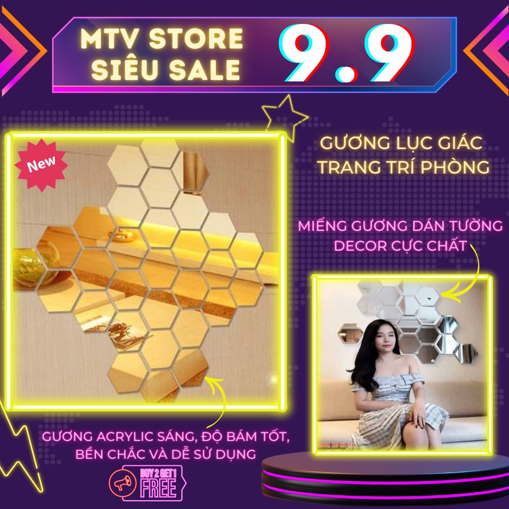 Gương dán tường - Miếng gương lục giác 3D decor xịn xò, trang trí nhà cửa full size - MTV Store
