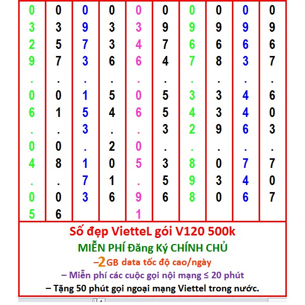 Sim Đẹp Viettel GIÁ 500k GÓI khủng V120 Miễn phí GỌI + Data tốc độ cao - HỖ TRỢ ĐĂNG KÝ CHÍNH CHỦ ( xem chi tiết Sp)