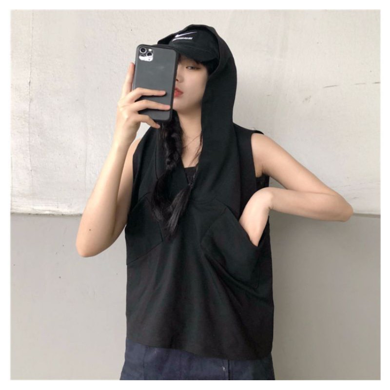 [ORDER] Áo hoodie tank top 2 màu đen xám chất cotton đẹp phối túi ngực