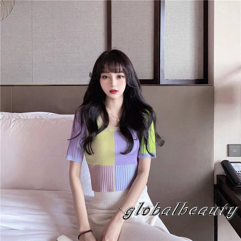 Áo dệt kim tay ngắn cổ tròn phối màu xinh xắn thời trang cho nữ