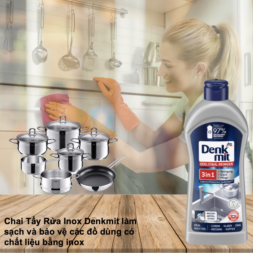 Kem Tẩy Rửa Vệ Sinh Mặt Bếp Từ Cao cấp Denkmit Đức Tẩy sạch làm sáng bóng bề mặt Thủy Tinh Gốm Sứ chai 300 ml