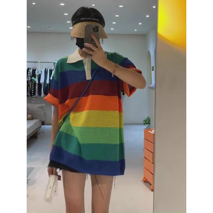 Áo len kẻ ngang vân trám oversize form rộng giấu quần