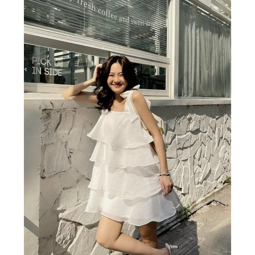 [Mã WASTMAY giảm 15% tối đa 30K đơn 150K] ĐẦM HAI DÂY CỘT NƠ VAI XẾP TẦM 2 MÀU HỒNG TRẮNG TD | BigBuy360 - bigbuy360.vn