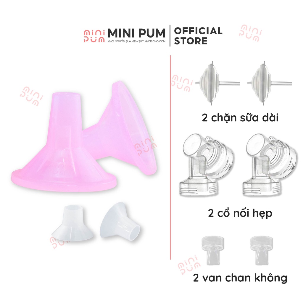 Combo Phễu Minipum và phụ kiện gồm 2 cổ nối hẹp, 2 chặn sữa dài và 2 van silicon dành cho máy Real Bubee