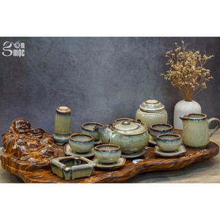Bộ ấm chén Bát Tràng men hỏa biến ngọc trai rêu