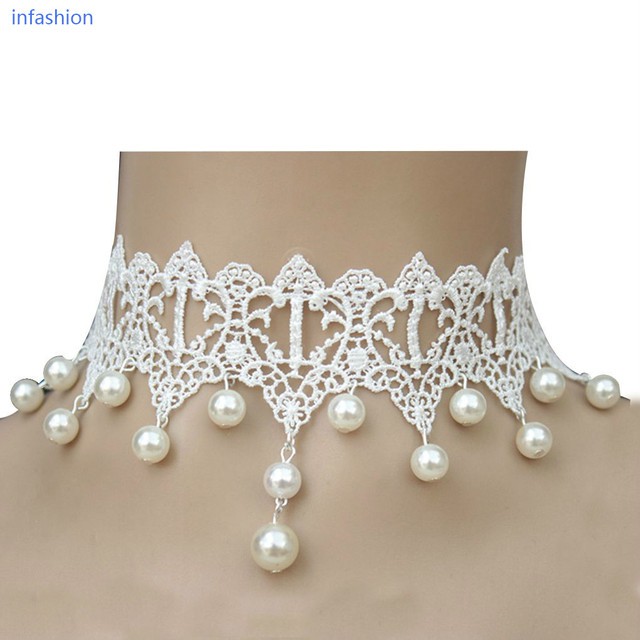 Vòng cổ ren đính ngọc trai giả phong cách gothic thời trang