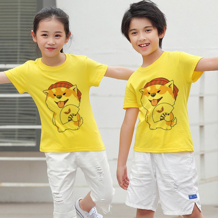 Áo Trẻ Em In Nhiệt Chó Shiba Cầm Quạt ATE03 - Size 6kg Đến 35kg - Chất Mềm Mịn - Form Basic Bé Trai Gái Mặc Được
