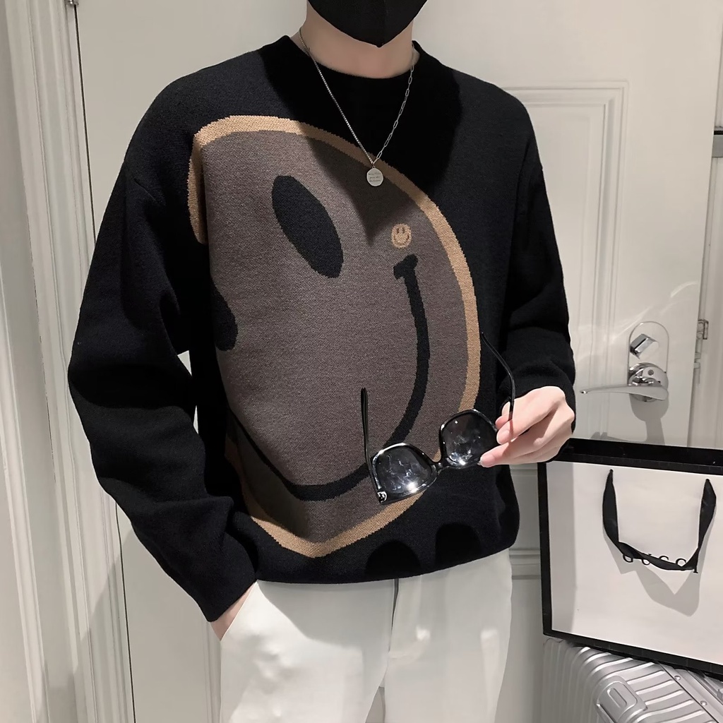 Áo Sweater Dệt Kim Cổ Tròn In Hình Mặt Cười Thời Trang Thu Đông Mới Cho Nam