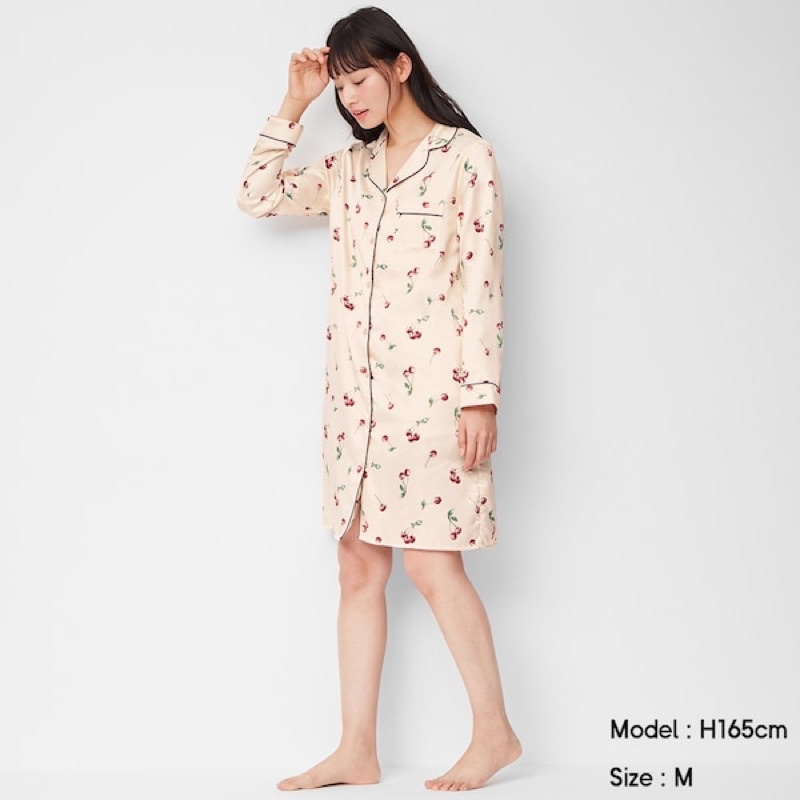Váy ngủ dài tay pyjama nữ in hình cherry dễ thương của GU - Nhật Bản