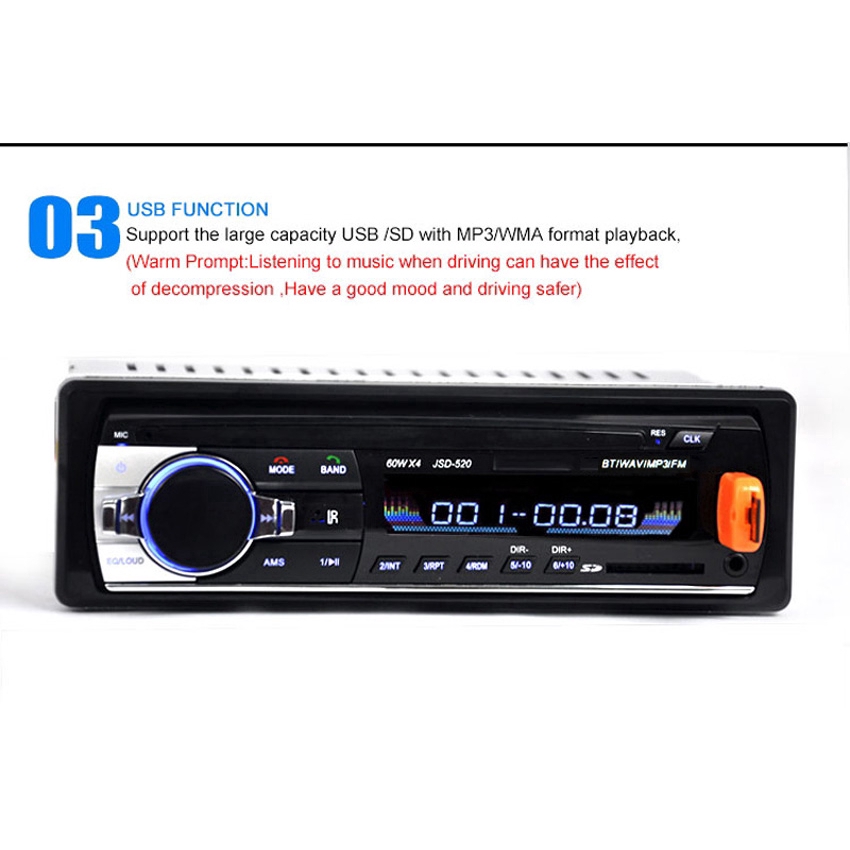 Máy phát MP3/ FM/ USB/ SD/ AUX-IN bluetooth JSD520 24V âm thanh nổi dành cho xe hơi