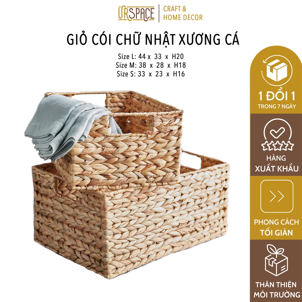 Sọt cói đựng đồ chơi, sách báo, sắp xếp không đa năng UrSpace/ Hand-woven hyacinth rectangle basket with hole hand