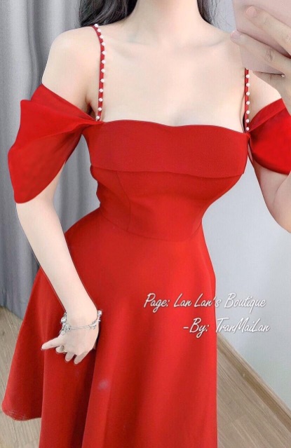Đầm dự tiệc dạo phố rớt vai tay phối tơ sống | BigBuy360 - bigbuy360.vn