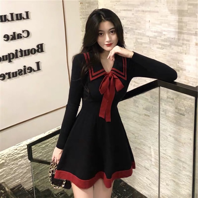 (Order) S-4XL Đầm len dài tay cổ viền phối nơ