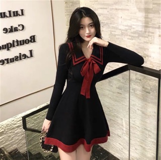 (Order) S-4XL Đầm len dài tay cổ viền phối nơ