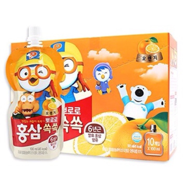 [HỘP 10 TÚI] Hồng Sâm Pororo Nhập Khẩu Hàn Quốc 100ml 3 Vị Cam - Táo - Việt Quất