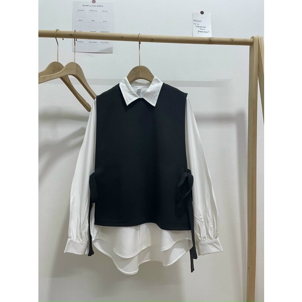 Set áo sơ mi mĩ áo gile buộc dây sườn