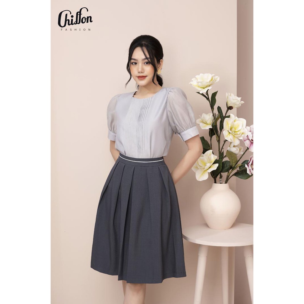 <Chân váy đẹp Chiffon>_Chân váy xòe công sở ly hộp viền cạp dễ phối đồ