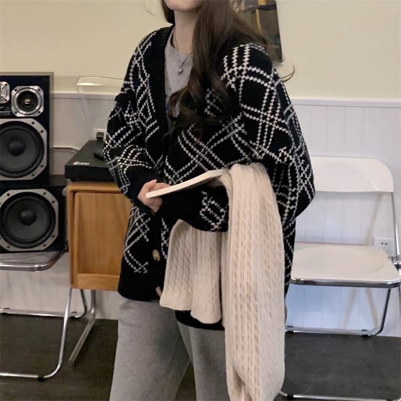 Áo Khoác Cadigan Len Kẻ Trám Đen Trắng Quảng Châu Loại 1 (hình thật) Áo Khoác Thu Đông Korea Style