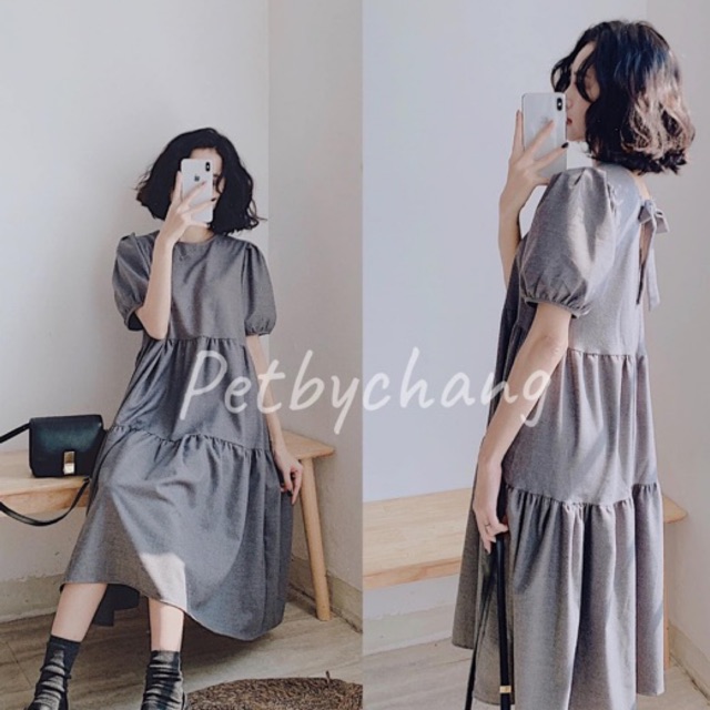 Đầm tầng dáng babydoll nơ sau, chất vải chéo dày dặn chị em bầu bí mặc thoái mái | BigBuy360 - bigbuy360.vn