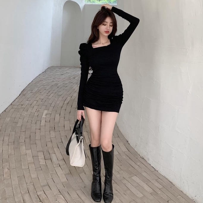 ZHELIHANGFEI Đầm Tay Dài Cổ Vuông Nhấn Eo Thời Trang Quyến Rũ Cho Nữ