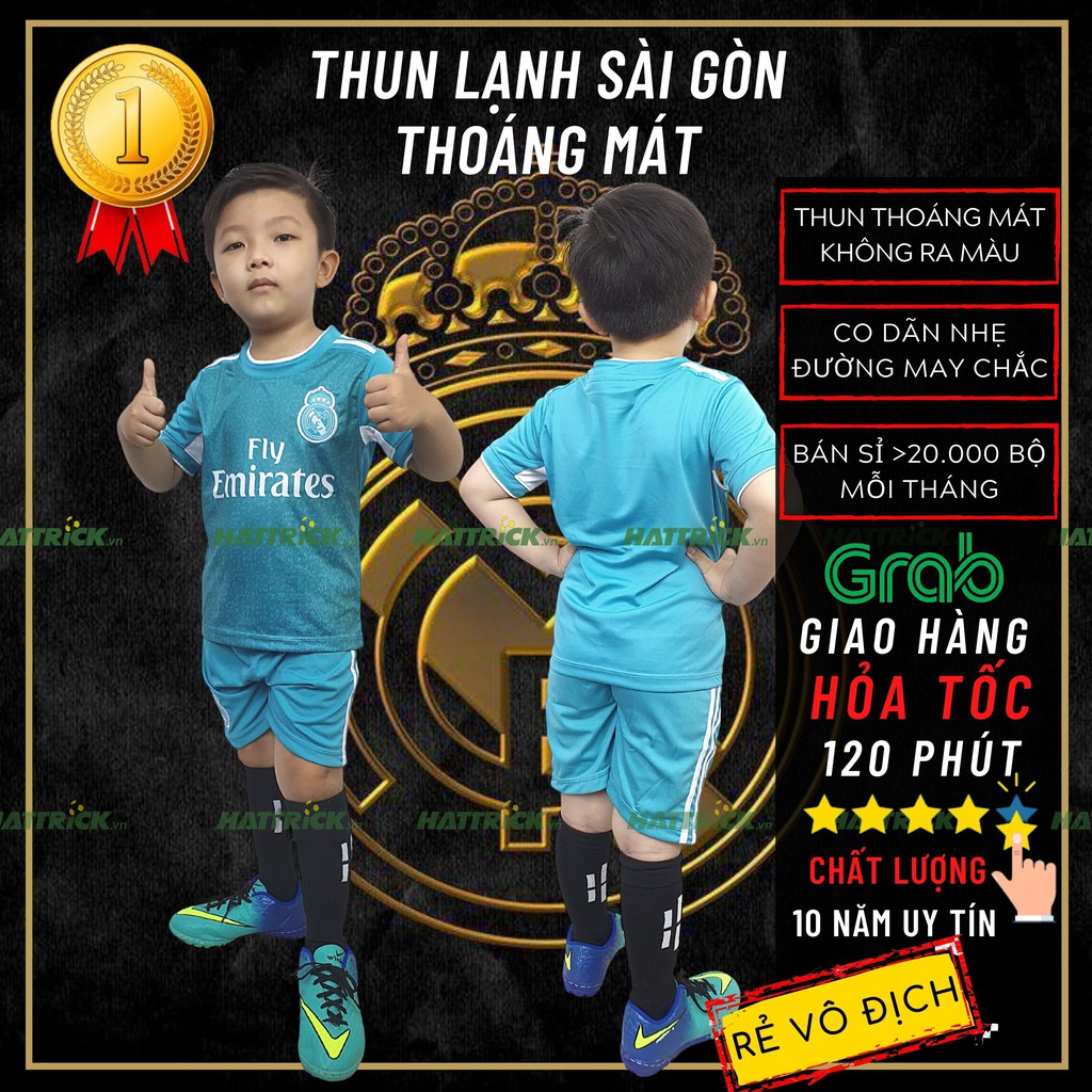 Bộ thể thao bóng đá trẻ em Real xanh ngọc 2021 (11kg-41kg) thun Sài Gòn thoáng mát may chất lượng, xưởng bán sỉ uy tín