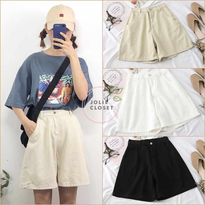 Quần Short Kaki Lửng Ulzzang Quần đùi denim ngố Ống rộng cạp cao trắng đen kem Dáng Hàn Quốc (có bigsize) - Hàng nhập kh