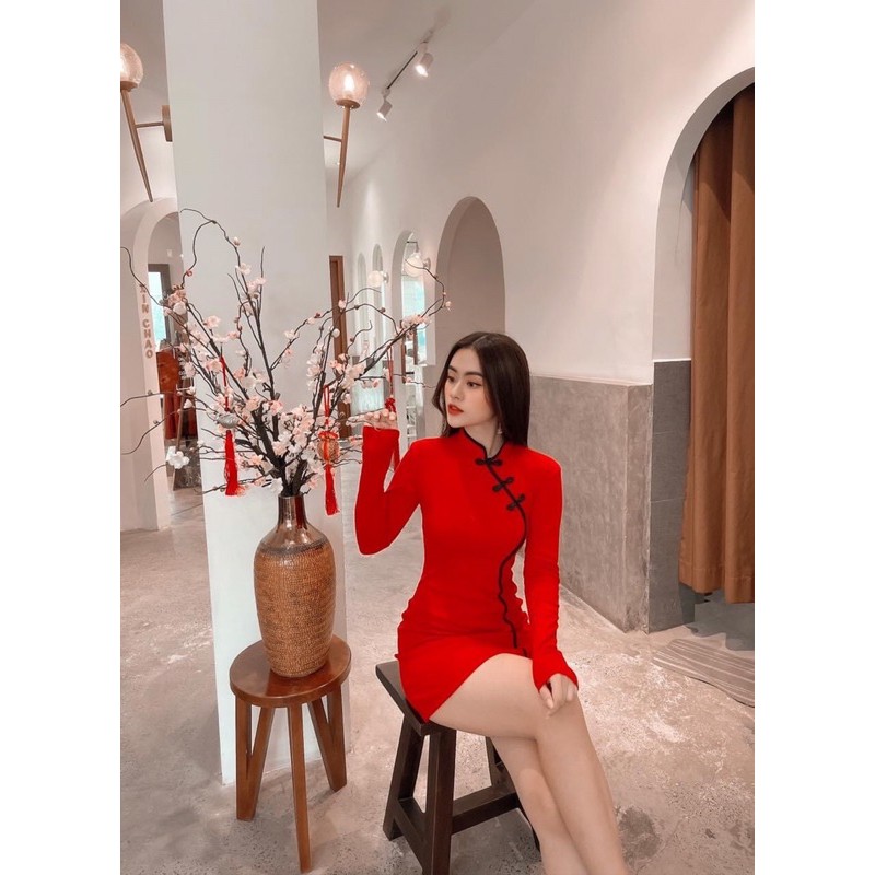 [Hàng Tết 2021] Đầm body sườn xám tay dài màu đỏ diện Tết nổi bật