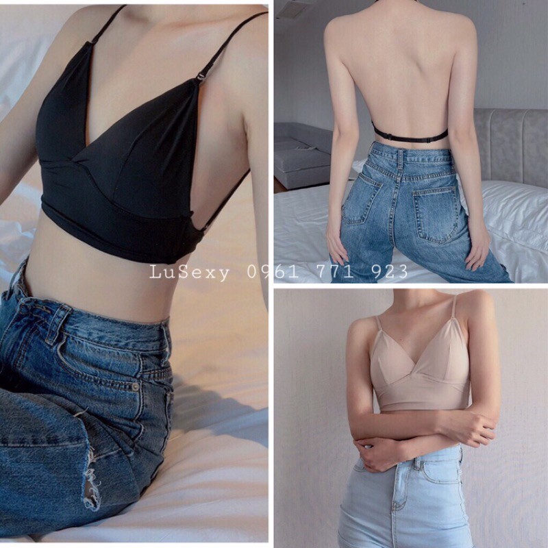 Bralette áo ngực mặc áo đầm hở lưng gợi cảm - Áo lót mỏng ko gọng chất lụa mịn siêu mềm mát dây bún mảnh màu da đen