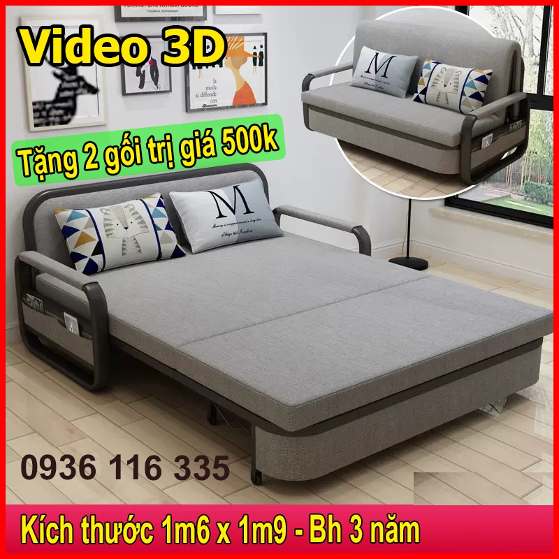 Ghế Sofa Giường thông minh cao cấp đa năng gấp xếp gọn phòng khách phòng ngủ khung thép dát gỗ tự nhiên có 2 kích thước