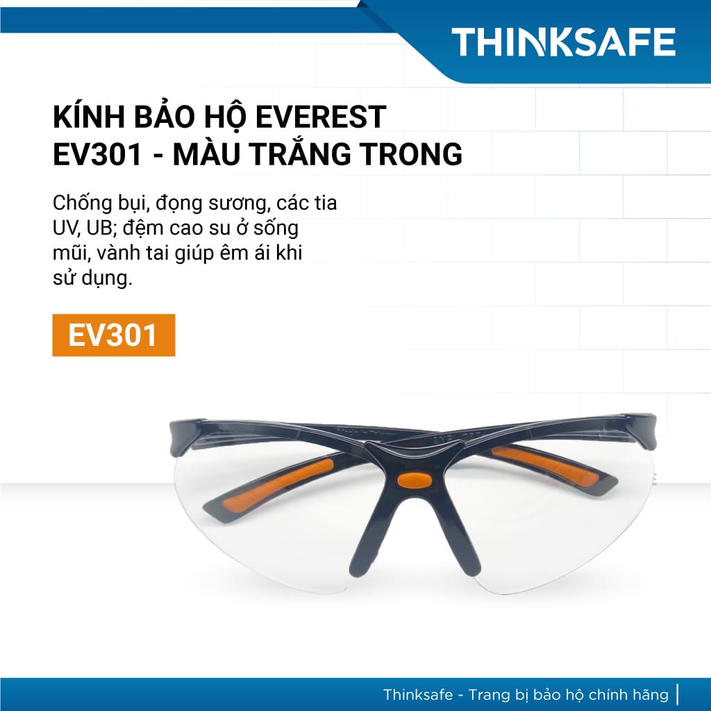 Kính bảo hộ chống bụi Everest EV301 chống bụi, chống tia UV chắn bụi đi đường, mắt kính trắng trong suốt - THINKSAFE