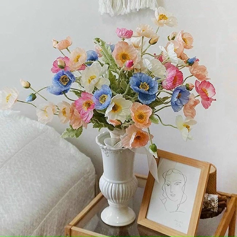 Hoa giả decor - Hoa anh túc 3 bông 1 nụ trang trí phòng để bàn chất liệu vải cao cấp thân phủ lông giống thật