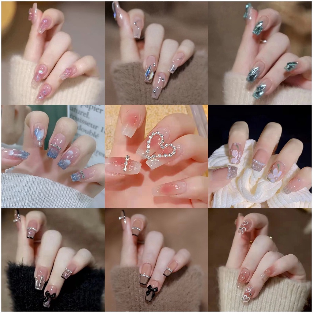 Set 24 Móng Tay Giả Gắn Nơ Xinh Xắn Thời Trang Cho Nữ Kèm Keo Dán