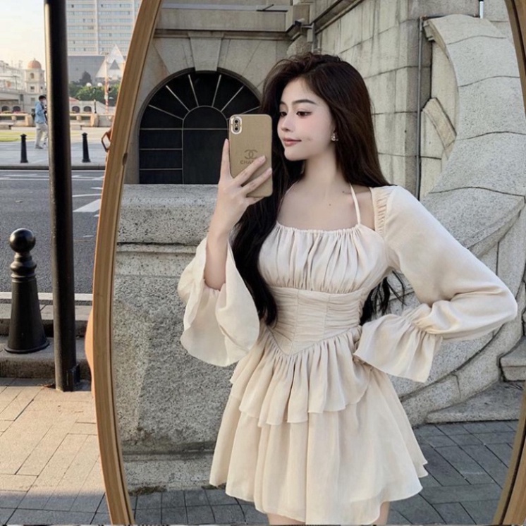 Đầm xòe cổ yếm voan nhún quảng châu, Váy xòe xếp ly hở lưng tiểu thư tay dài kiểu hàn màu đen,be, hồng | BigBuy360 - bigbuy360.vn