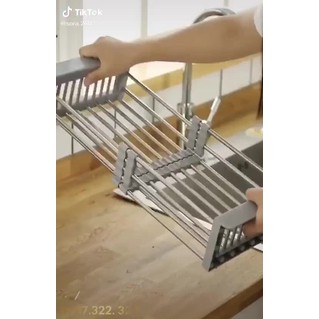 Rổ inox rút gọn đa năng kê bồn rửa chén bát tiện lợi