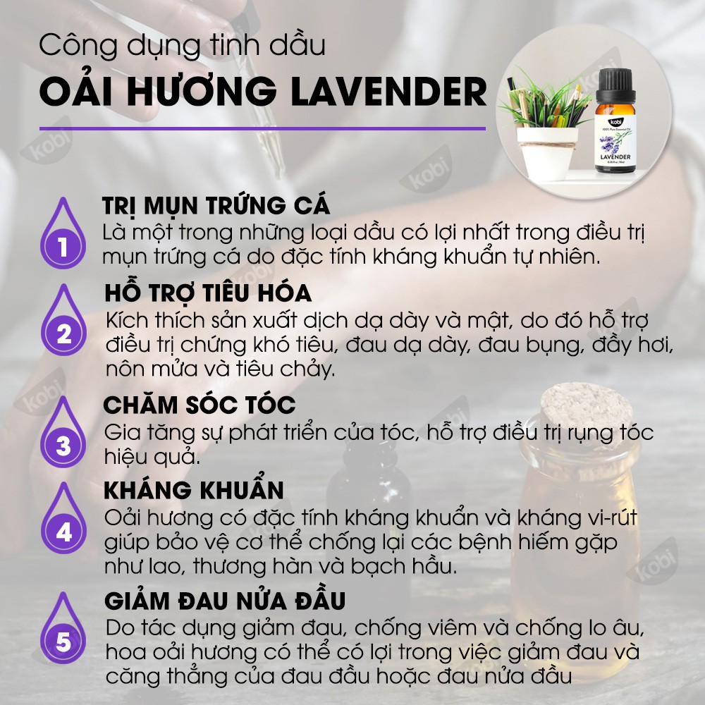 Tinh dầu Oải Hương Kobi Lavender essential oil giúp khử mùi, thơm phòng - 50ml