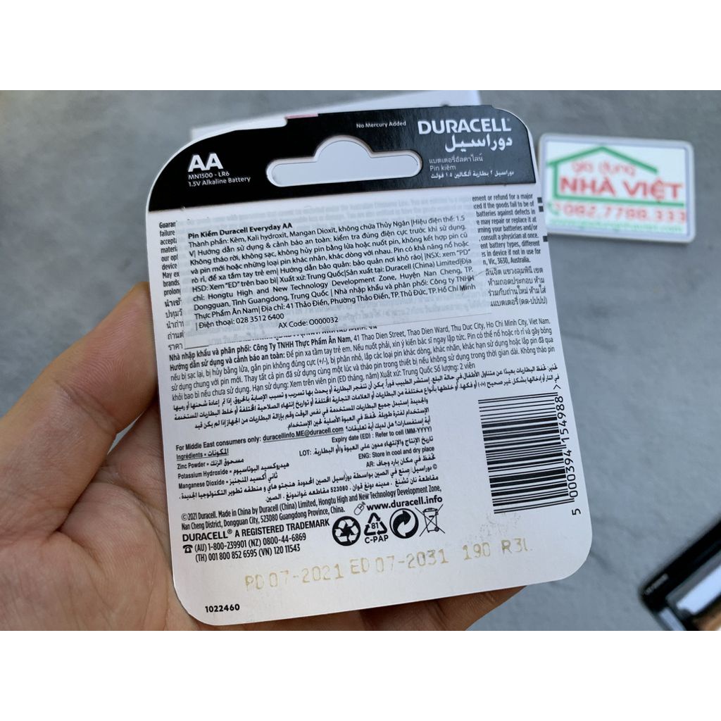 Vỉ 2 pin tiểu Duracell Everyday Alkaline AA LR6 MN1500 1.5V chính hãng