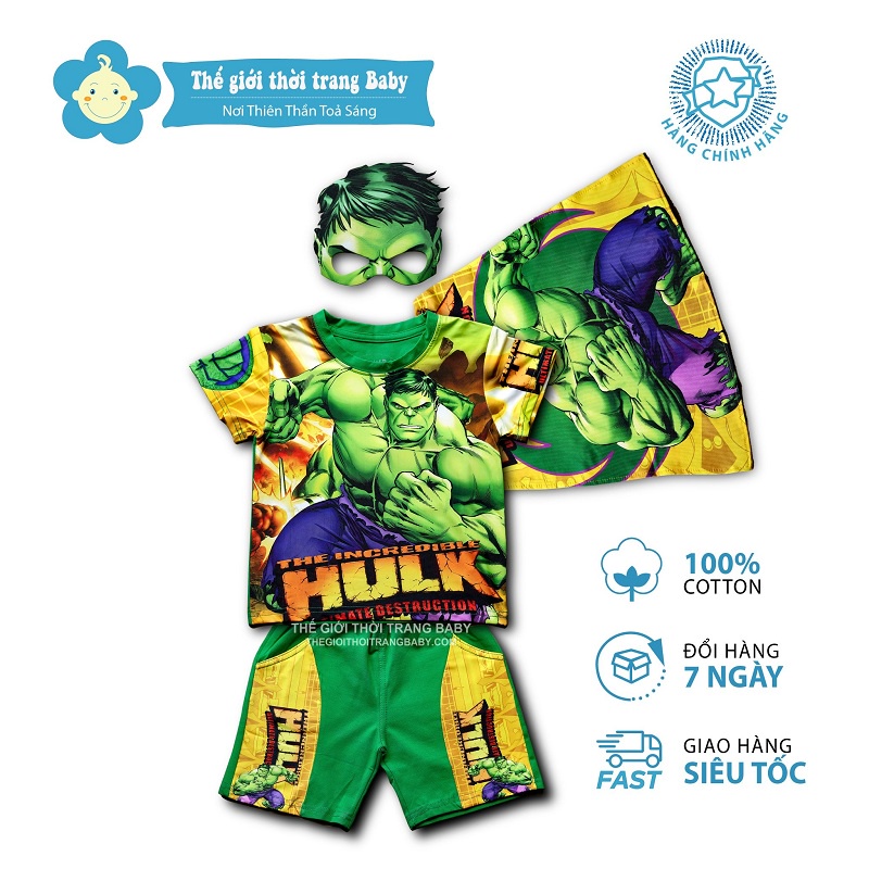Bộ quần áo siêu nhân hulk, người khổng lồ xanh, đồ lửng cho bé trai B145 tặng kèm choàng và mặt nạ