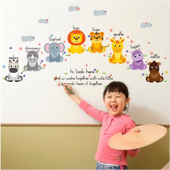 Decal trang trí Thú kèm tên Tiếng Anh Hi Look Here