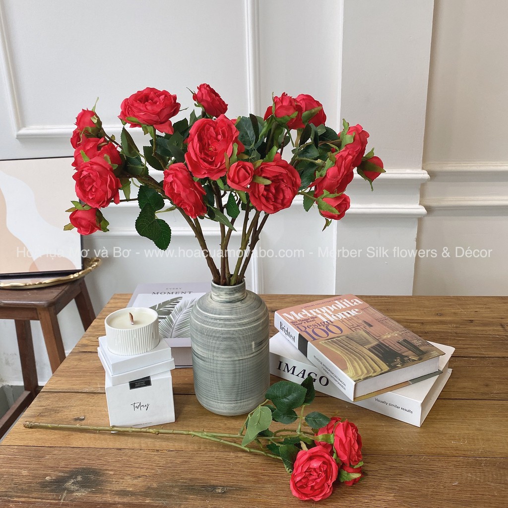 Cành hoa hồng pháp juliet 3 bông 1 nụ 50cm (ảnh và video thật)