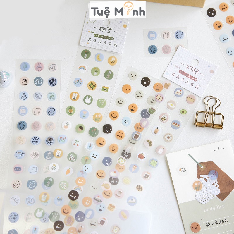 Bộ 57 sticker tròn icon dễ thương, miếng dán icon cảm xúc/ đồ ăn food