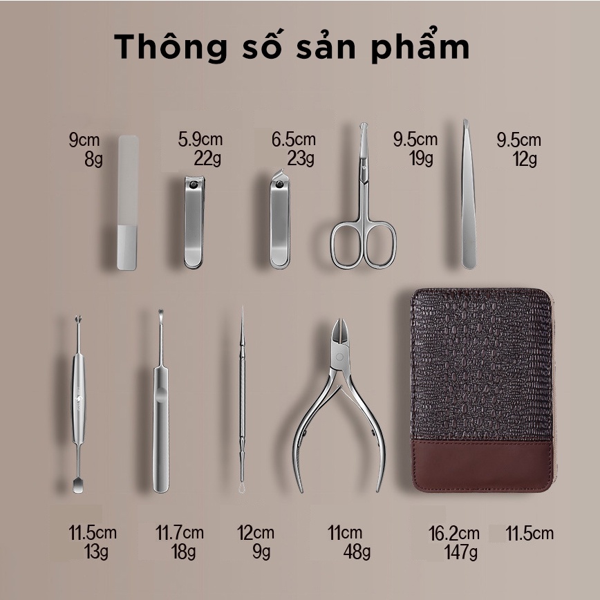 Bộ cắt móng tay cao cấp inox 420 kháng khuẩn, bấm móng tay siêu sắc bền bỉ bao da PU da cá sấu sang trọng HADU