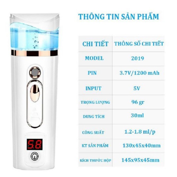 Máy Xịt Khoáng Xông Mặt Nano Mini Đo Độ Ẩm Da 2019, Máy Xịt Nano 2in1 Có Chức Năng Đo Độ Ẩm Da