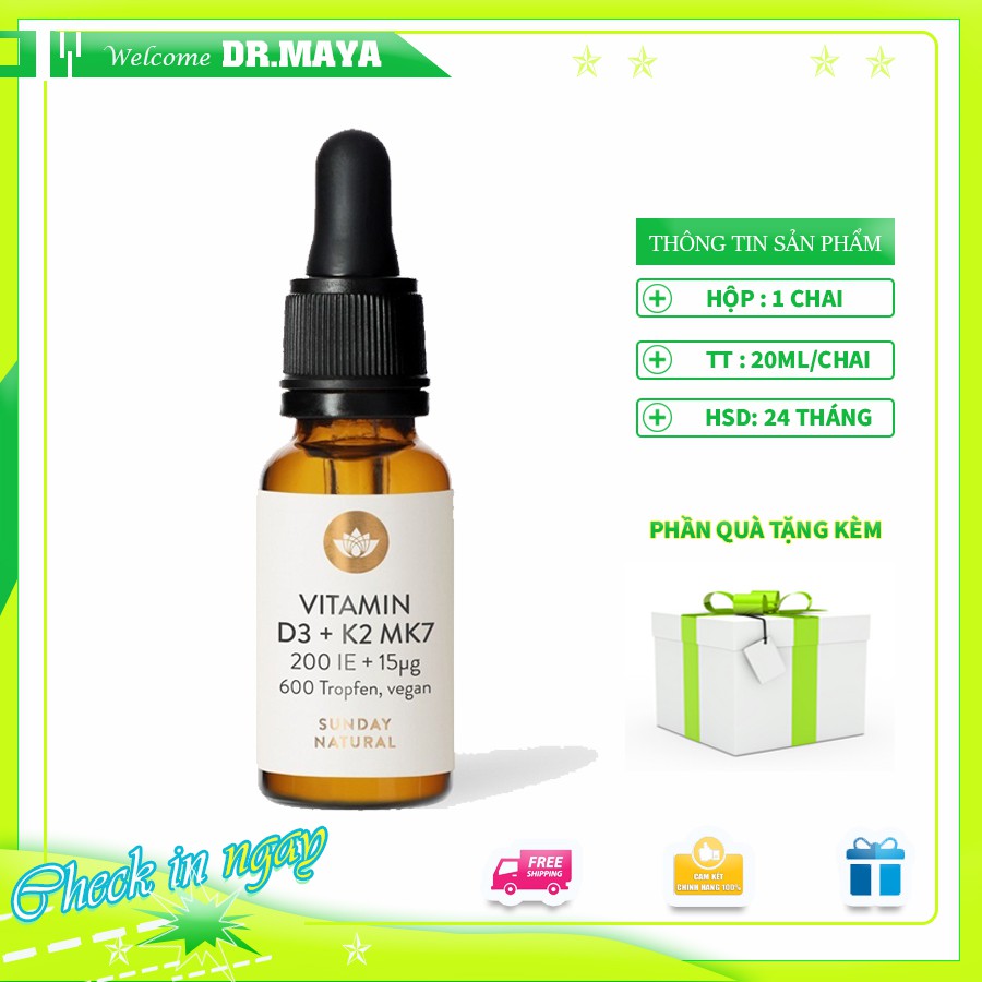 Vitamin D3 K2 MK7 Dr.maya 20ml tăng Hấp Thụ Canxi tăng Chiều Cao cho trẻ từ sơ sinh đến 4 tuổi